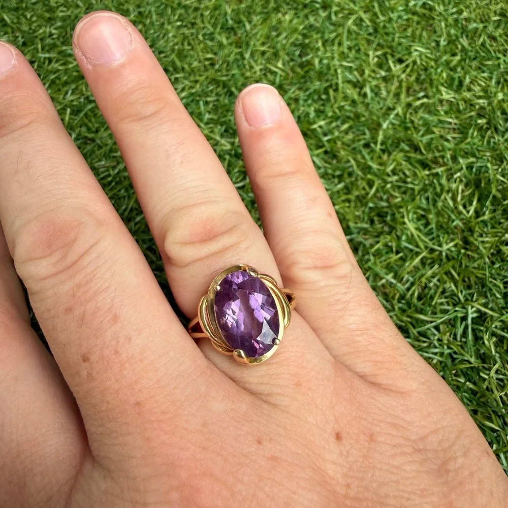Vtg 80s 14k Yellow Gold Ring Engagement Promise Faceted Amethyst Cabochon Size 8